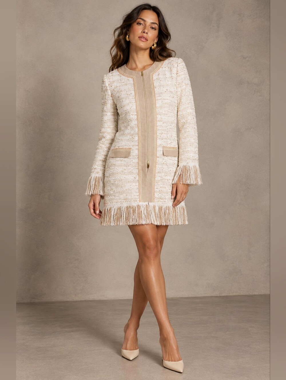 D’Exterior Italian Tweed Fringe Jacket Dress – Cream Gold Zip Mini Dress